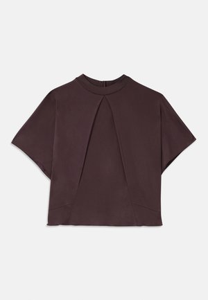 Dark brown short-sleeve top with a high neckline, featuring a front pleat and subtle side seams, made from a smooth, textured fabric.