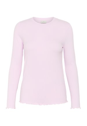 Long-sleeved top made of ribbed material in light pink, featuring a crew neck and wavy edges at the cuffs and hem.