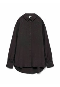 Tumesinine pikkade varrukatega särk kraega, tekstureeritud kangast ja väikeste dekoratiivsete naelakestega ülaesiküljel.