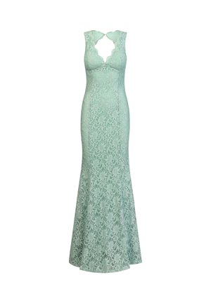 Mint green sleeveless lace evening gown with scalloped V-neckline and fitted silhouette flaring slightly at the hem.