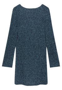 Abito maglione blu scuro con un motivo di maglia testurizzato, maniche lunghe e scollatura rotonda. L'orlo è leggermente curvato nella parte inferiore.