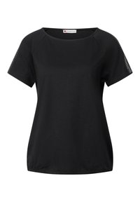 Zwart T-shirt met korte mouwen, gemaakt van zacht materiaal, met mesh panel accenten op de schouders en een relaxte pasvorm met een ronde halslijn.