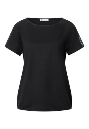 Schwarzes T-Shirt mit kurzen Ärmeln aus weichem Stoff, mit Netzpaneelen an den Schultern und einem lockeren Schnitt mit rundem Halsausschnitt.
