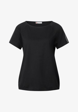 Zwart T-shirt met korte mouwen, gemaakt van zacht materiaal, met mesh panel accenten op de schouders en een relaxte pasvorm met een ronde halslijn.