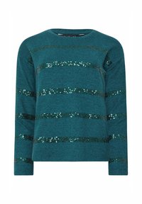 Maglia a maniche lunghe color teal con strisce orizzontali di paillettes verdi su un tessuto morbido e testurizzato. Collo rotondo e vestibilità rilassata.