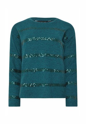Teal langemouwen top met horizontale strepen van groene pailletten op een zachte textuurstof. Ronde halslijn en ontspannen pasvorm.