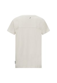 Korte mouw t-shirt van lichtbeige katoen, met een effen ontwerp, ronde halslijn en een klein zwart embleem op de achterkant.