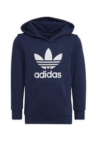 Felpa blu navy realizzata in cotone misto con tasca a marsupio frontale, caratterizzata da un grande logo Adidas bianco e tre strisce che accentuano il logo.
