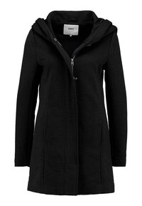 Black hooded coat with a textured pattern, featuring a zip closure, long sleeves, and a mid-length design. Made from a woven fabric.