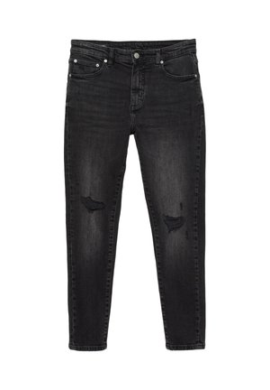 Schwarze Skinny-Jeans mit ausgewaschenem Look und abgenutzten Rissen an beiden Knien, ausgestattet mit Vordertaschen, Gürtelschlaufen und Knopfverschluss.