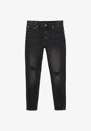 Blugi skinny negri cu spălare estompată și rupturi uzate pe ambele genunchi, având buzunare frontale, bucle pentru curea și închidere cu nasturi.