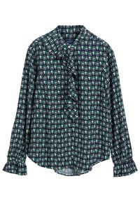 Camicia navy con motivo circolare verde e bianco su tutta la superficie, dotata di colletto e polsini a balze, realizzata in un tessuto leggero.