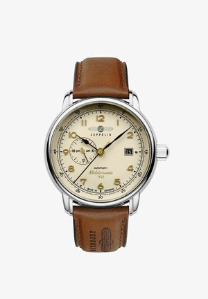 Automatische Armbanduhr mit einem Gehäuse aus silbernem Edelstahl, cremfarbigen Zifferblatt, braunem Lederarmband und goldenen Akzenten; verfügt über Datum und Unterzifferblatt.