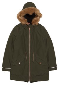 Parka invernale verde scuro con zip frontale, cappuccio foderato in pelliccia, due tasche anteriori con patta e i cordini regolabili in vita.