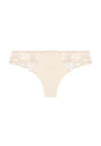 Beige lace string met een doorschijnende kantelastische tailleband met ingewikkelde bloemenpatronen en golvende randen, gemaakt van zachte rekbare stof.
