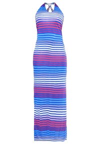 Robe maxi sans manches à col licou avec des rayures horizontales bleues, rouges, blanches et roses, présentant un détail nœud en forme de trou de serrure au niveau du col.