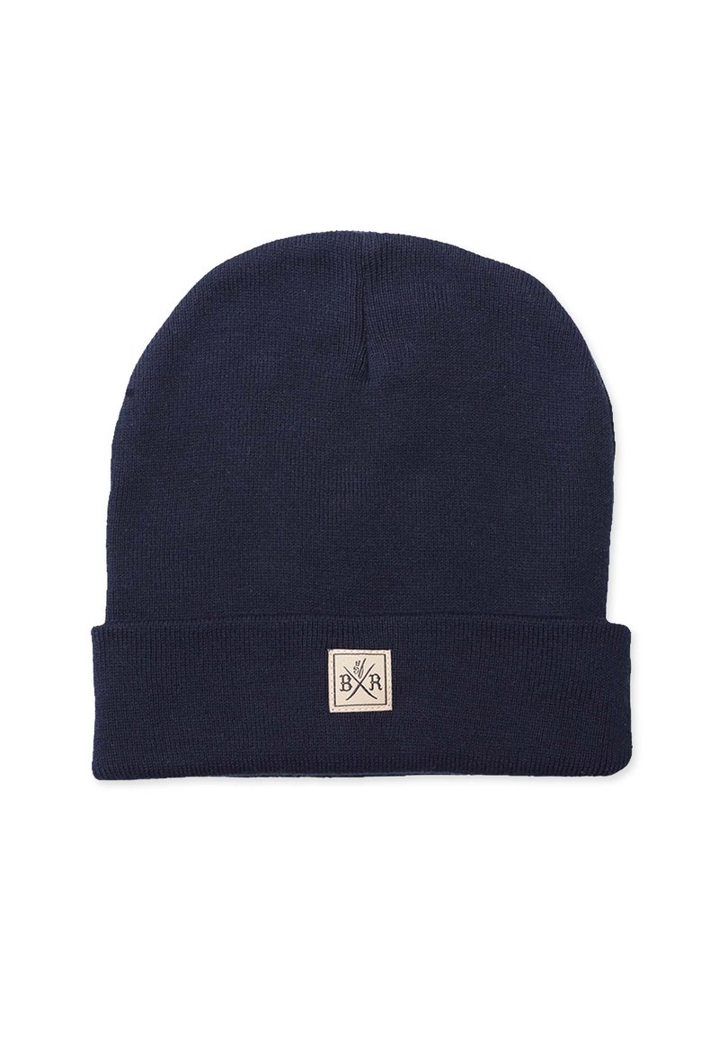 Navy virkattu beanie, jossa on taitettu reunus. Varustettu neliömäisellä tarralla, jossa on "BXR" logo. Valmistettu pehmeästä, teksturoidusta kankaasta.
