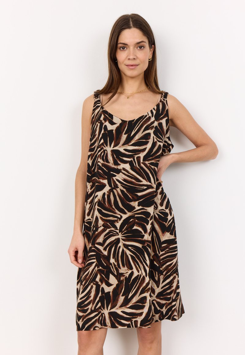 Schwarz-braunes Kleid mit Blattmuster, entspannter Schnitt, dünnen Trägern und Rundhalsausschnitt, aus leichtem Stoff gefertigt.