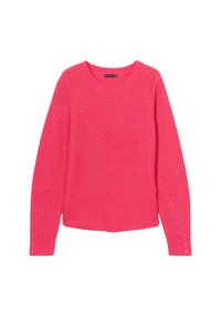 Strickpullover in leuchtendem Pink mit rundem Ausschnitt, langen Ärmeln, strukturierten Mustern und Knopfdetails an den Bündchen.