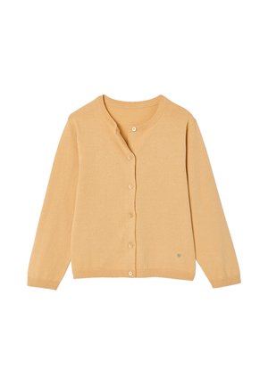 Light brown long-sleeve buttoned cardigan with round neck, ribbed cuffs and hem, featuring a small embroidered logo near the hem.