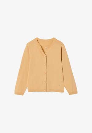 Hellbrauner langärmeliger, geknöpfter Cardigan mit Rundhalsausschnitt, gerippten Bündchen und Saum, mit einem kleinen bestickten Logo nahe dem Saum.