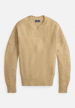 Bež pulover iz pletenine z okroglo izrezom, rebrastimi manšetami in spodnjim robom ter subtilnim logotipom na prsih. Po celotni površini teksturiran vzorec.