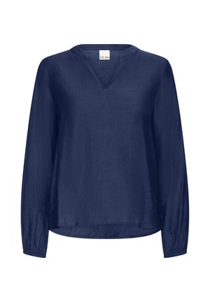 Marineblaues Langarmblusenshirt mit V-Ausschnitt, aus leichtem Stoff gefertigt, mit lässiger Passform und gerafften Manschetten. Glatte Textur ohne Muster.