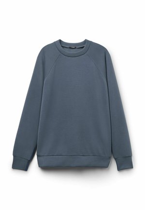 Felpa blu scuro con scollo a girocollo, maniche raglan lunghe e polsini e orlo a coste, mostrata su sfondo bianco.