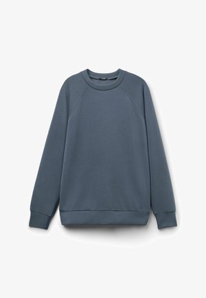 Ciemnoniebieska bluza crewneck z długimi rękawami raglanowymi oraz ściągaczami na mankietach i u dołu, prezentowana na białym tle.