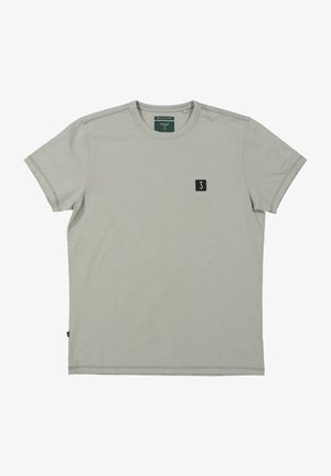 Lichtgrijze t-shirt van katoen, met een ronde hals, korte mouwen en een klein zwart vierkant logo op de borst.