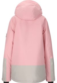 Rosa Jacke mit Kapuze, grauem Saum und glatter Textur. Das Design ist einfach, ohne sichtbare Muster oder Akzente.