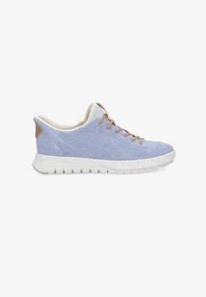 Light blue suede sneaker with perforations, beige laces, white padded collar, and thick white flexible sole, shown in side view.