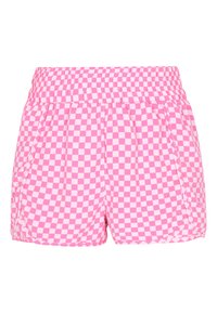 Pantaloni corti a scacchi rosa con cintura elastica, tasche laterali e vestibilità rilassata con una texture liscia. Tessuto a fantasia.