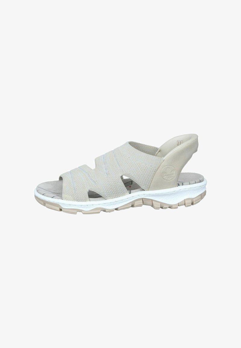Beige sandal med stretchigt tygövre, öppen design och grå detaljer. Tjock vit sula med texturerat mönster för grepp. Lätt och ventilerande.