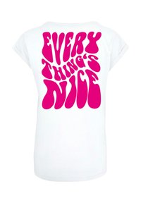 Balta trumpa rankovė t-shirt su ryškiu, burbulų tipo rožiniu užrašu „VISKAS YRA GRAŽU“ ant nugaros. Lygus medžiagos paviršius.