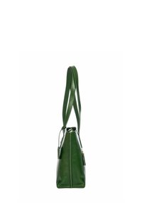 Sac à main en cuir vert avec un design structuré, un fond plat, une bandoulière réglable et un détail de petite poche zippée.