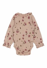 Hosszú ujjú babafelső puha rózsaszínben, fodros gallérral. Virágmintás rózsaszín és barna színekben, texturált anyagon.
