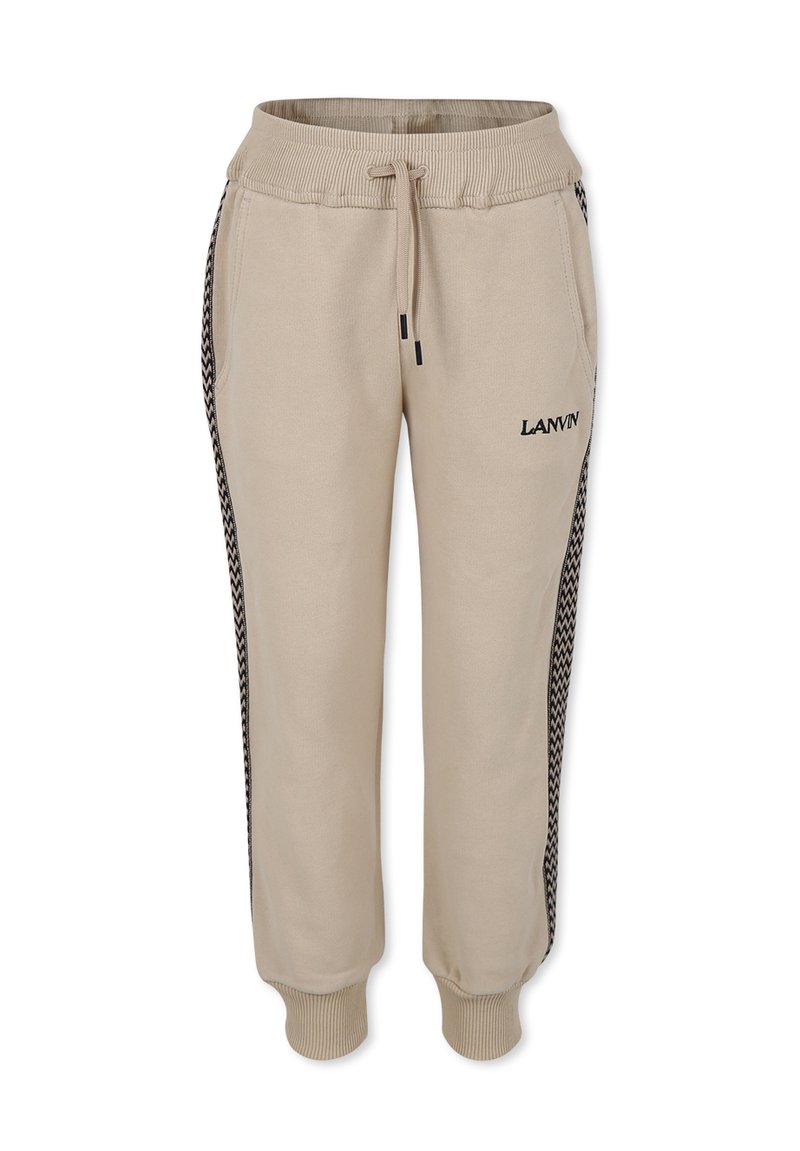Beige joggers met elastische tailleband en trekkoord. De zijzakken hebben zwarte houndstooth accenten en een geborduurd logo op de rechterdij.