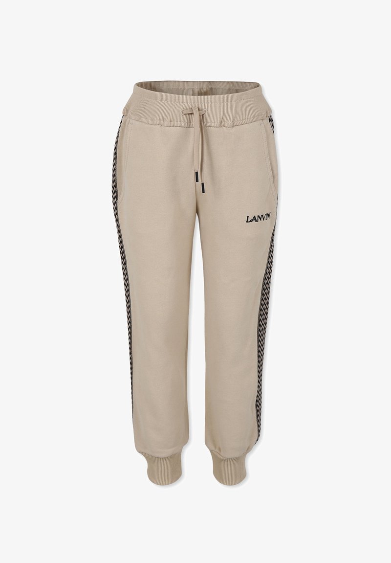 Beige joggers met elastische tailleband en trekkoord. De zijzakken hebben zwarte houndstooth accenten en een geborduurd logo op de rechterdij.