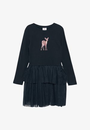 Czarna sukienka z długim rękawem i różowym graficznym wizerunkiem jelenia. Posiada warstwową spódnicę z tiulu. Górna część z miękkiej bawełny, teksturowany tiul, okrągły dekolt.