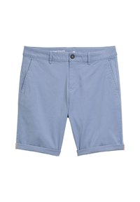 Lichtblauwe katoenen shorts met opgerolde boorden, voorzien van een knoopsluiting en zijzakken. Eenvoudig ontwerp met strakke lijnen en zonder patronen.