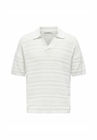 Hvit strikket polo skjorte med kort erme og V-hals, med åpenmønstrede detaljer og ribbestrikket krage og kant. Strukturert og pustende design.