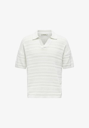 Camisola polo de malha branca, de mangas curtas e decote em V, com padrões de renda e colarinho e bainha canelados. Design texturado e respirável.