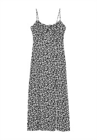 Šaty s leopardím vzorem v černobílé barvě, tenké ramínka, přiléhavý korzet a splývavá sukně. Vyrobené z lehké tkaniny, mají na hruď nařasení.