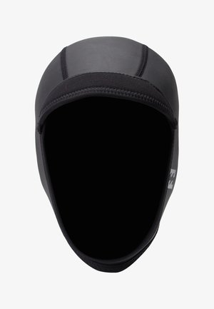 Gorro de neopreno negro para deportes acuáticos con costuras reforzadas y un pequeño logo en el costado, diseñado para la protección de la cabeza y el cuello.