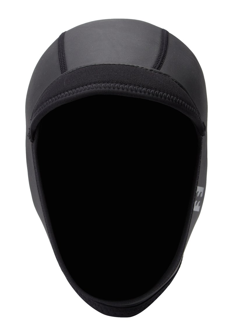 Gorro de neopreno negro para deportes acuáticos con costuras reforzadas y un pequeño logo en el costado, diseñado para la protección de la cabeza y el cuello.
