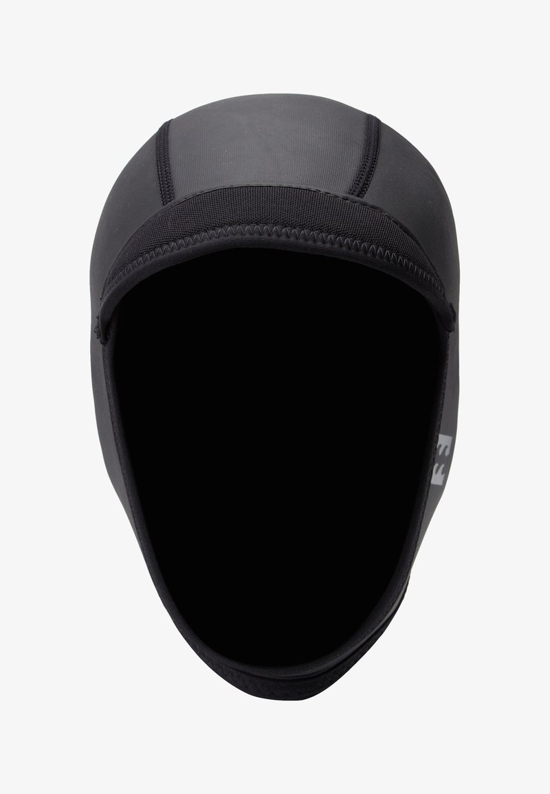 Gorro de neopreno negro para deportes acuáticos con costuras reforzadas y un pequeño logo en el costado, diseñado para la protección de la cabeza y el cuello.
