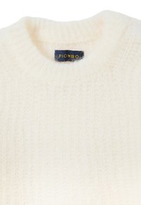Cream-colored knitted sweater with a round neckline, featuring a soft, fuzzy texture. The label reads "PIOMBO" in blue with yellow lettering.