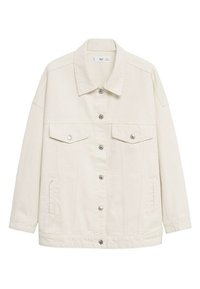 Beige denim jacket with a pointed collar, two front pockets, and silver-button hardware. Features a relaxed fit and visible stitching details.