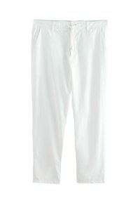 Valged puuvillased püksid, lahtise lõikega, millel on elastne vöökoht, kaks küljetaskut ja nööriga kinnis.